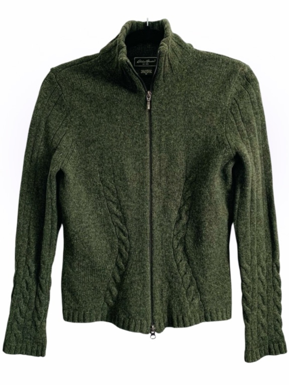 Eddie Bauer Y2K 100% Lambswool Cable Knit Mock Neck Zip Front Sweater